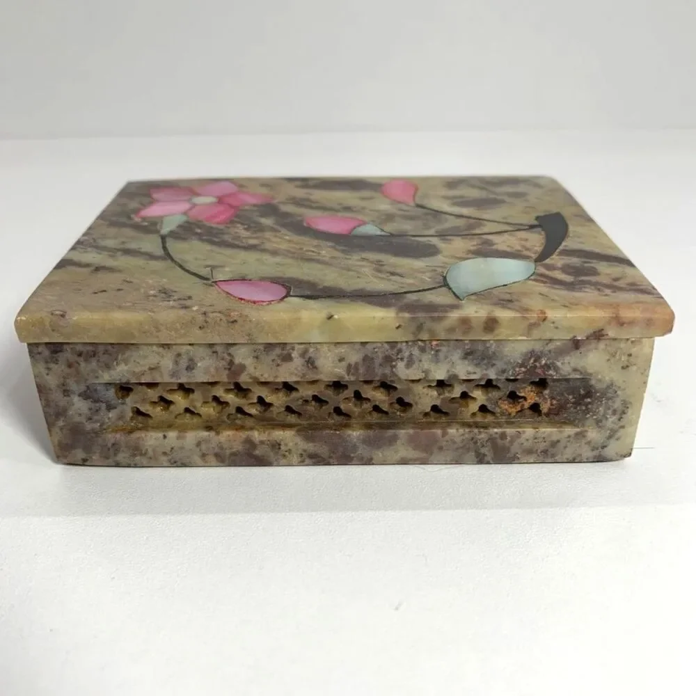 Vintage Soapstone Trinket Box Floral Shell Inlay - Accents in Brass Sedona AZ